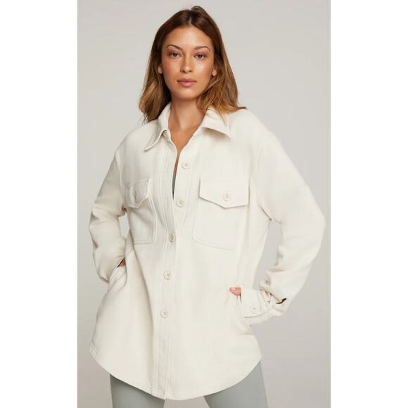 Good American Pure Cotton Button Up Fleece Shacket in Bone Womens XXS / XS AS IS - Picture 1 of 8